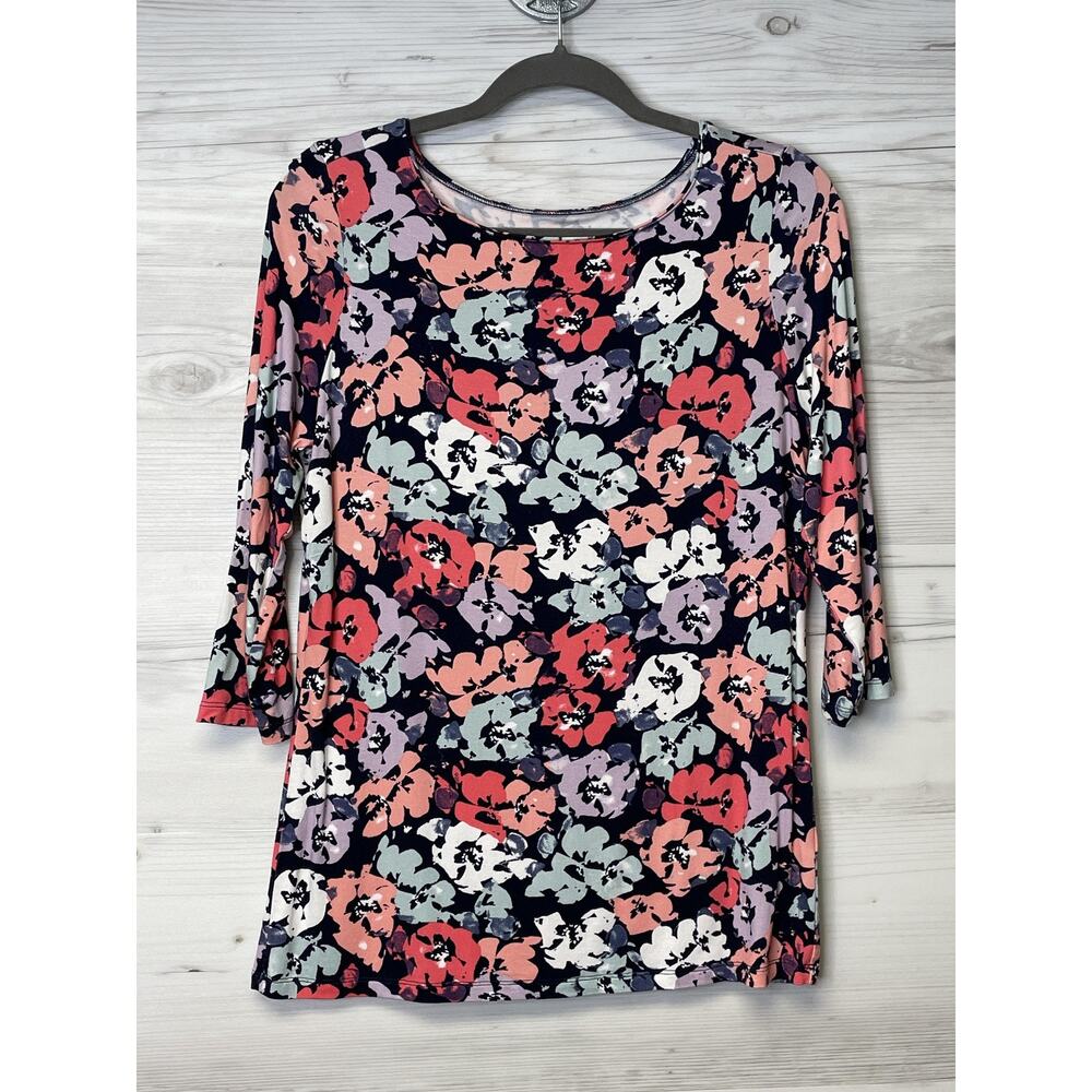 TravelSmith Womens Small Floral 3/4 Sleeve Stretch Tunic Top Blouse 31350 Navy